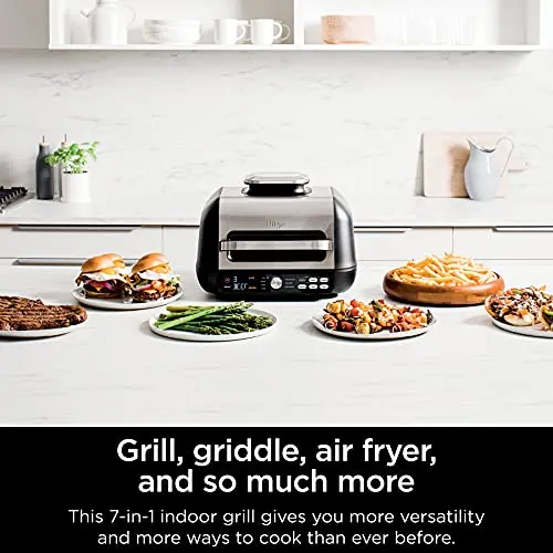 Ninja IG651 Foodi Smart XL Pro 7-in-1 Indoor Grill/Griddle Combo, use Opened or Closed, Air Fry, Dehydrate & More, Pro Power Grate, Flat Top, Crisper, Smart Thermometer, Black