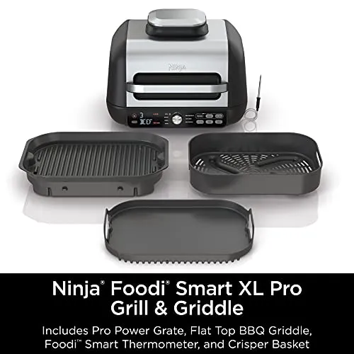 Ninja IG651 Foodi Smart XL Pro 7-in-1 Indoor Grill/Griddle Combo, use Opened or Closed, Air Fry, Dehydrate & More, Pro Power Grate, Flat Top, Crisper, Smart Thermometer, Black