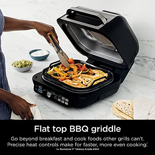 Ninja IG651 Foodi Smart XL Pro 7-in-1 Indoor Grill/Griddle Combo, use Opened or Closed, Air Fry, Dehydrate & More, Pro Power Grate, Flat Top, Crisper, Smart Thermometer, Black