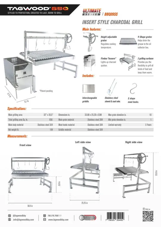 Tagwood BBQ Insert Style Argentine Santa Maria Wood Fire & Charcoal Grill - BBQ09SS