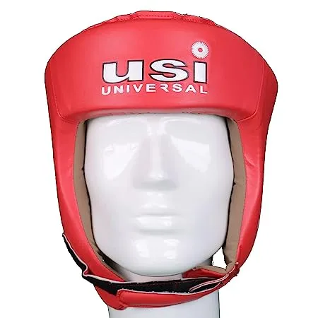 USI UNIVERSAL THE UNBEATABLE Boxing Headguard, 615DP Lite Contest Headguard, Hide Leather, Multiple Layers of Padding for Greater Shock Absorbing Adjustable Web Closure & Strap (RED)